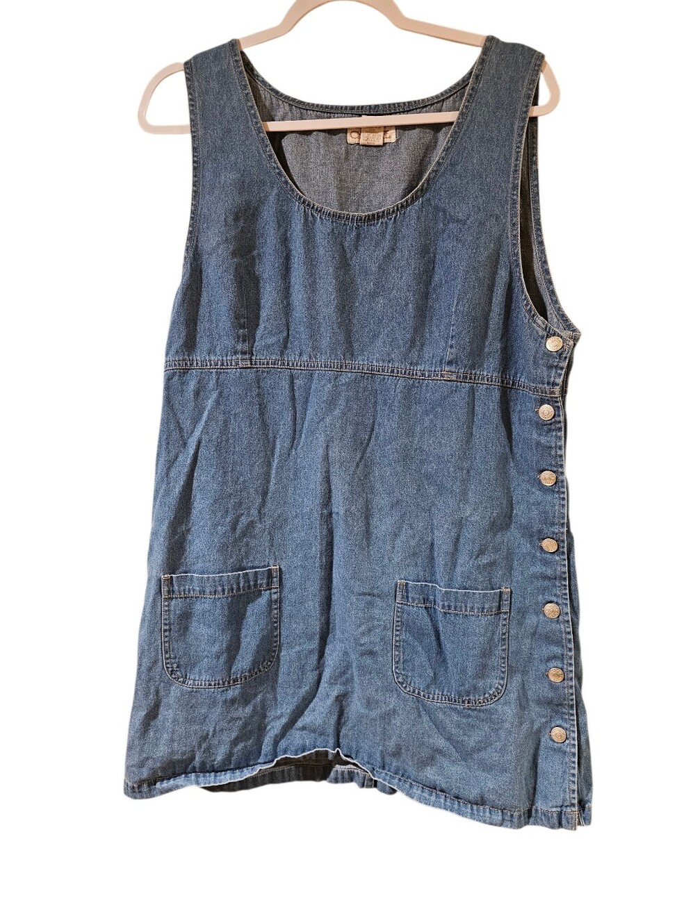 Vintage 90s Denim Jumper Button-Side Front Pockets Dress Xl